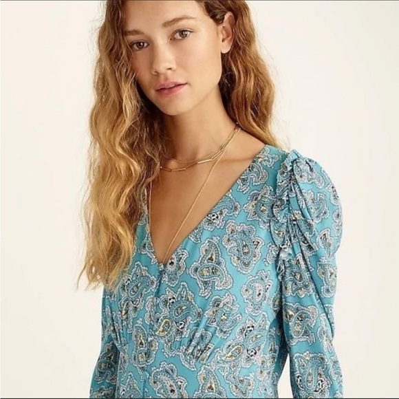 New. J. Crew Fall Midi Paisley Puff Sleeve Button Up Dress Size 16 - Picture 9 of 9